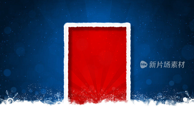 创造性的深色午夜宝蓝色圣诞背景，一个大的红色边框与白色抽象雪景圣诞主题门/门像边界和雪和雪花遍布地面和微妙的阳光或阳光